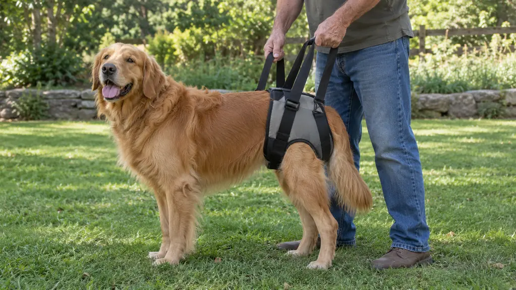 A large dog standing on a lawn with a lift harness around its hind end, a person holding the handles