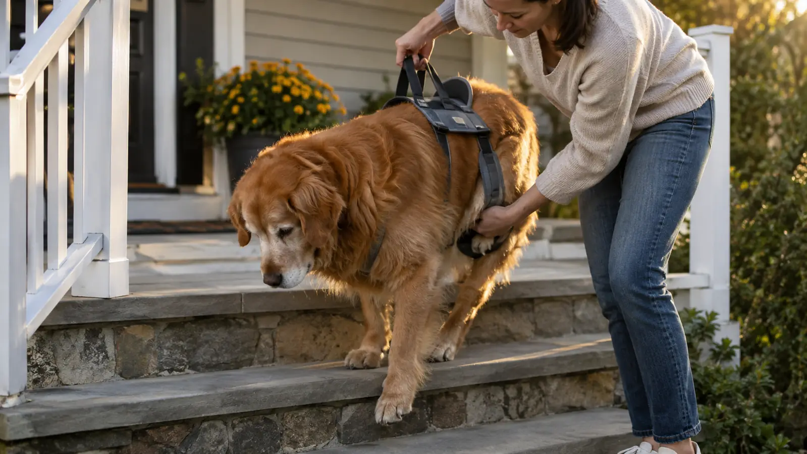 A person helping a large dog down three porch steps using a lift harness
