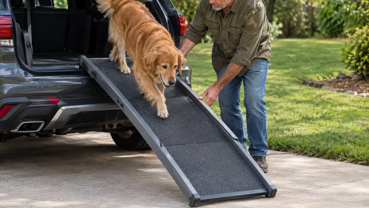 The dog walking down a folding ramp from the back of an SUV while a woman holds the side edge