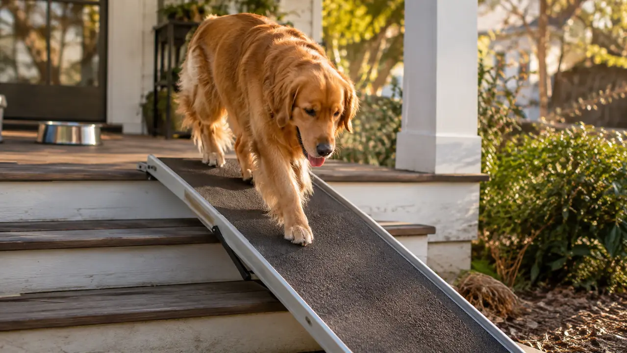 The dog using a folding ramp on the back porch steps, a stainless water bowl on the porch nearby
