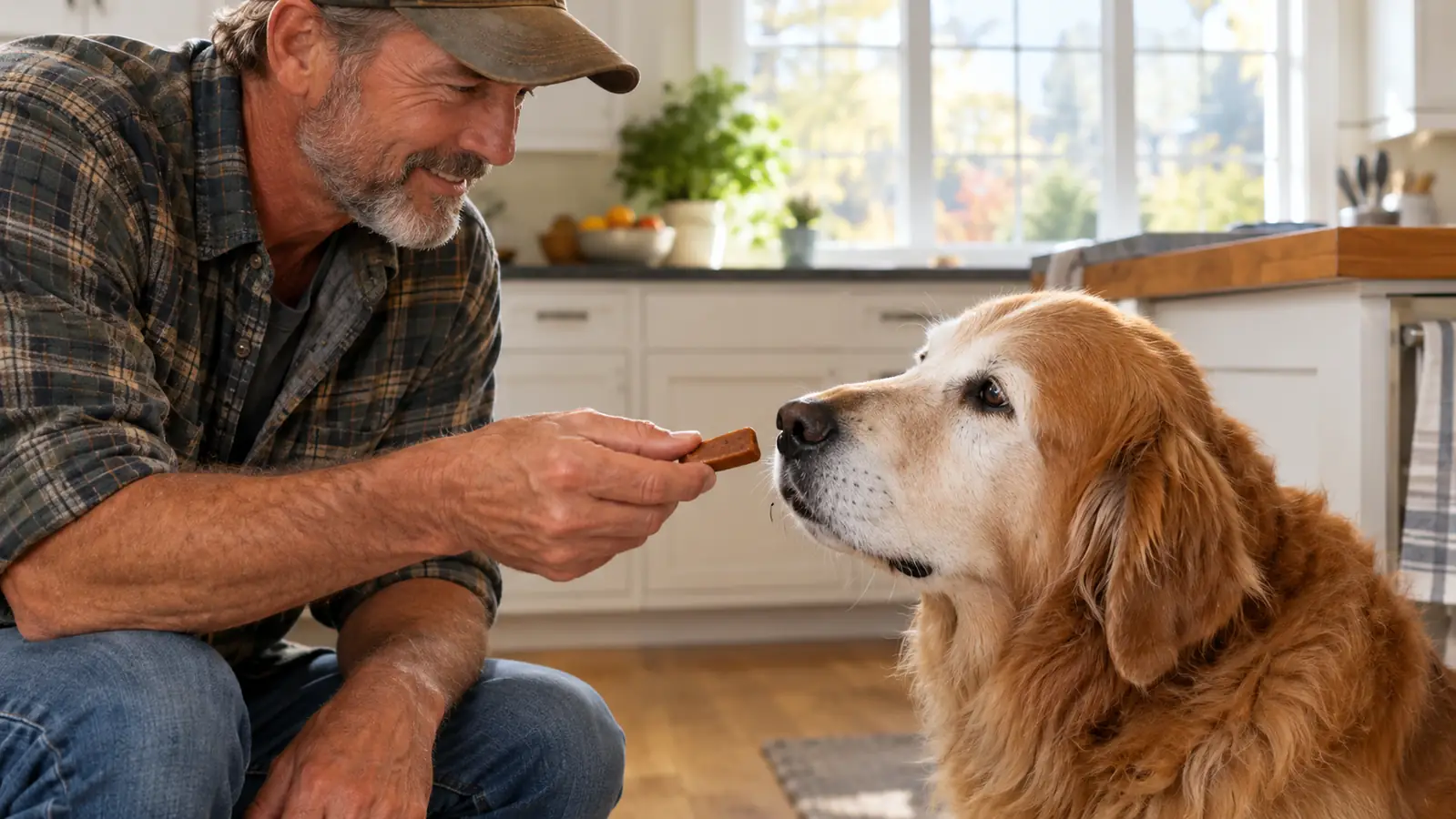 A hand offering a soft chew to a large senior dog in a kitchen