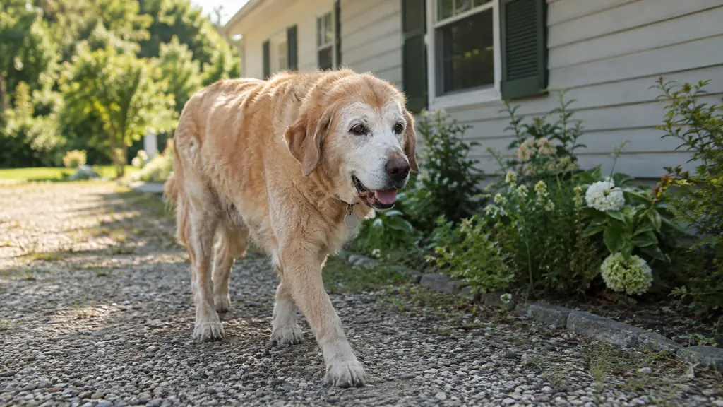A large senior dog walking beside a one-story house on a gravel path