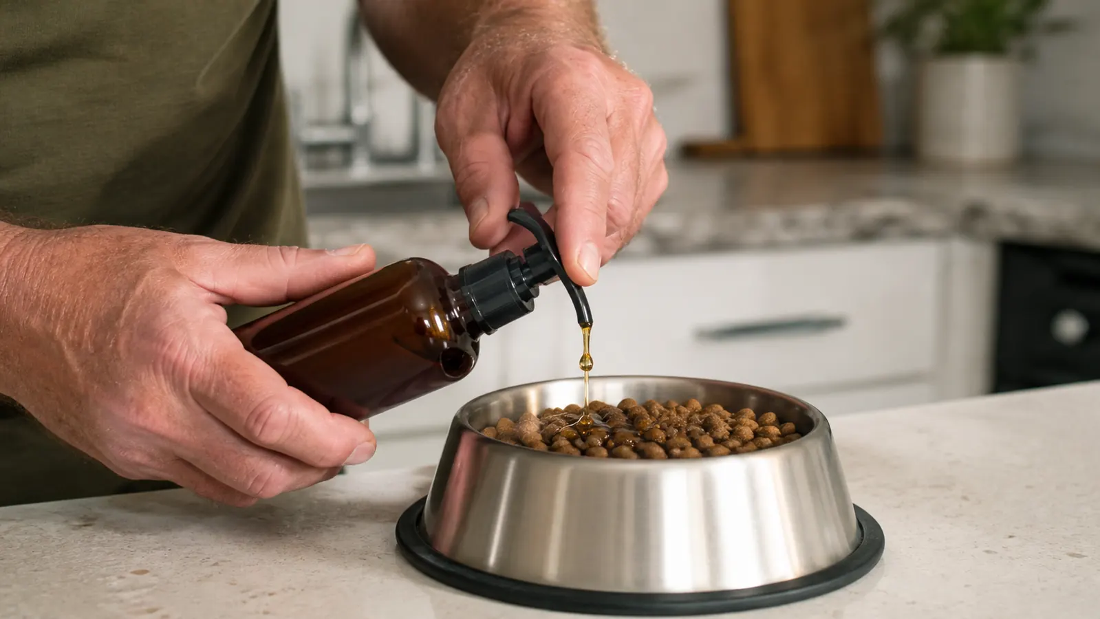 A hand pouring a pump of liquid fish oil over a dog's dinner in a stainless steel bowl