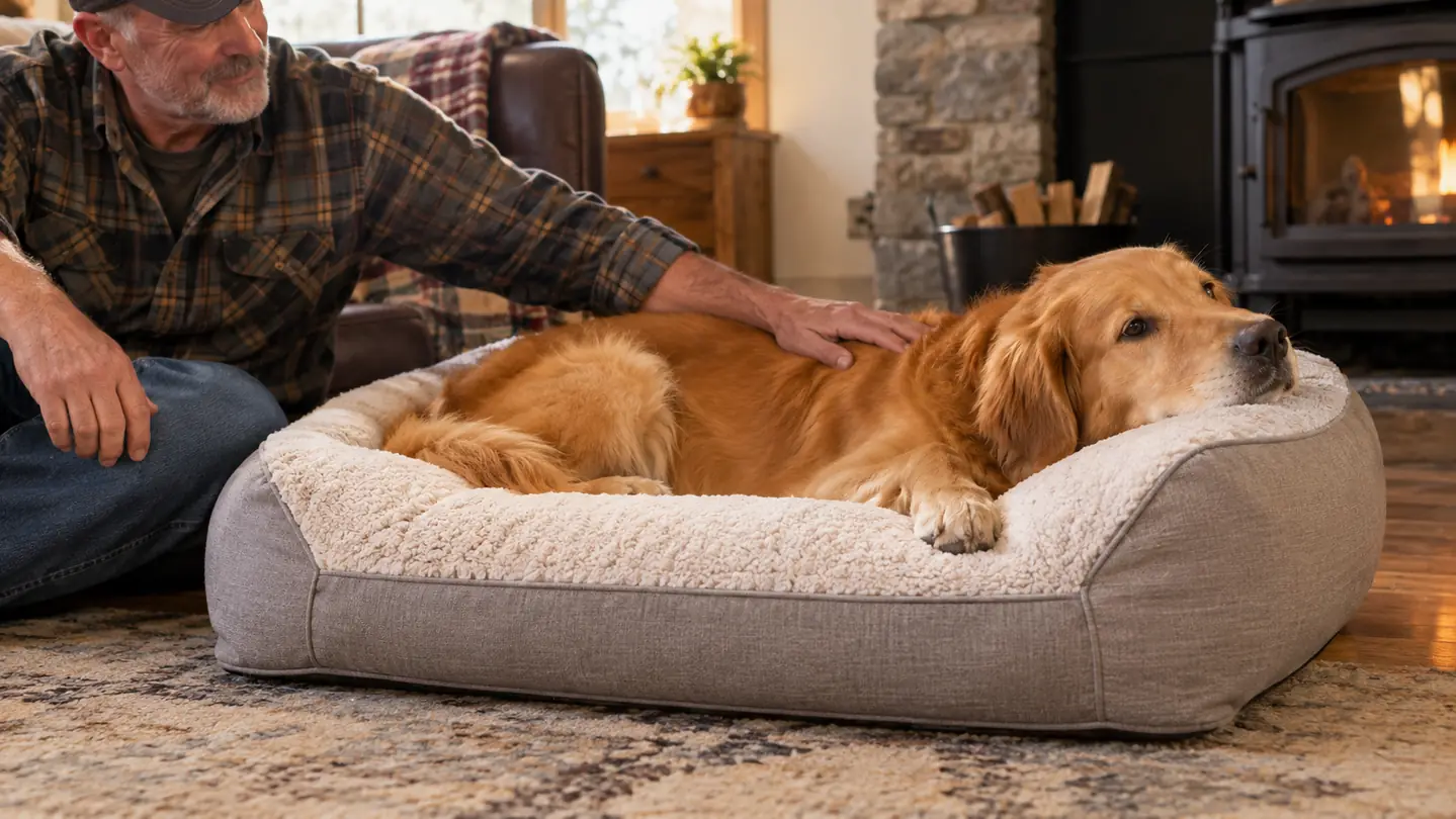 A dog lying on an orthopedic dog bed with raised sides, head resting on the edge
