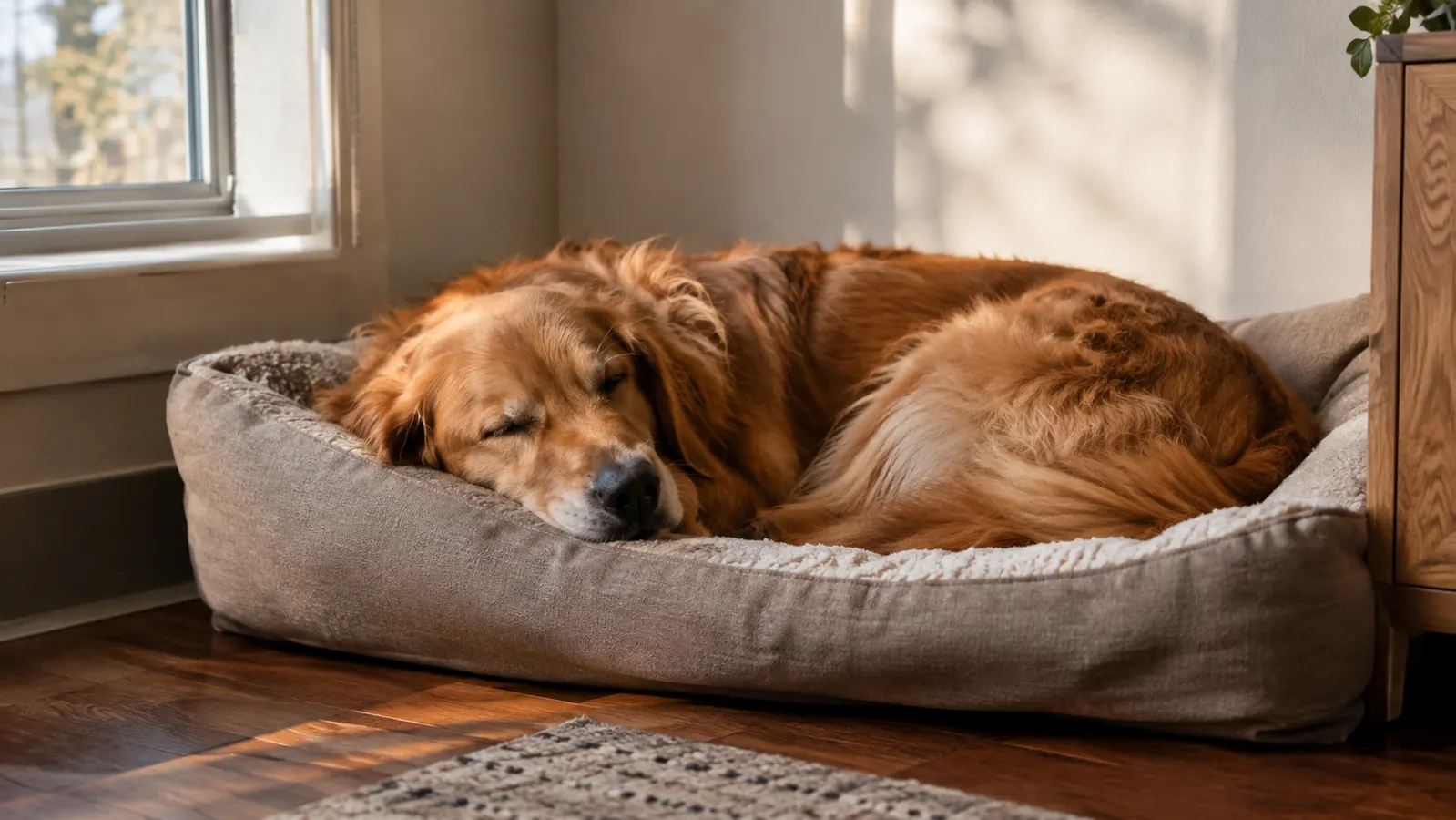 A dog sleeping deeply on an orthopedic dog bed in a quiet corner of a room