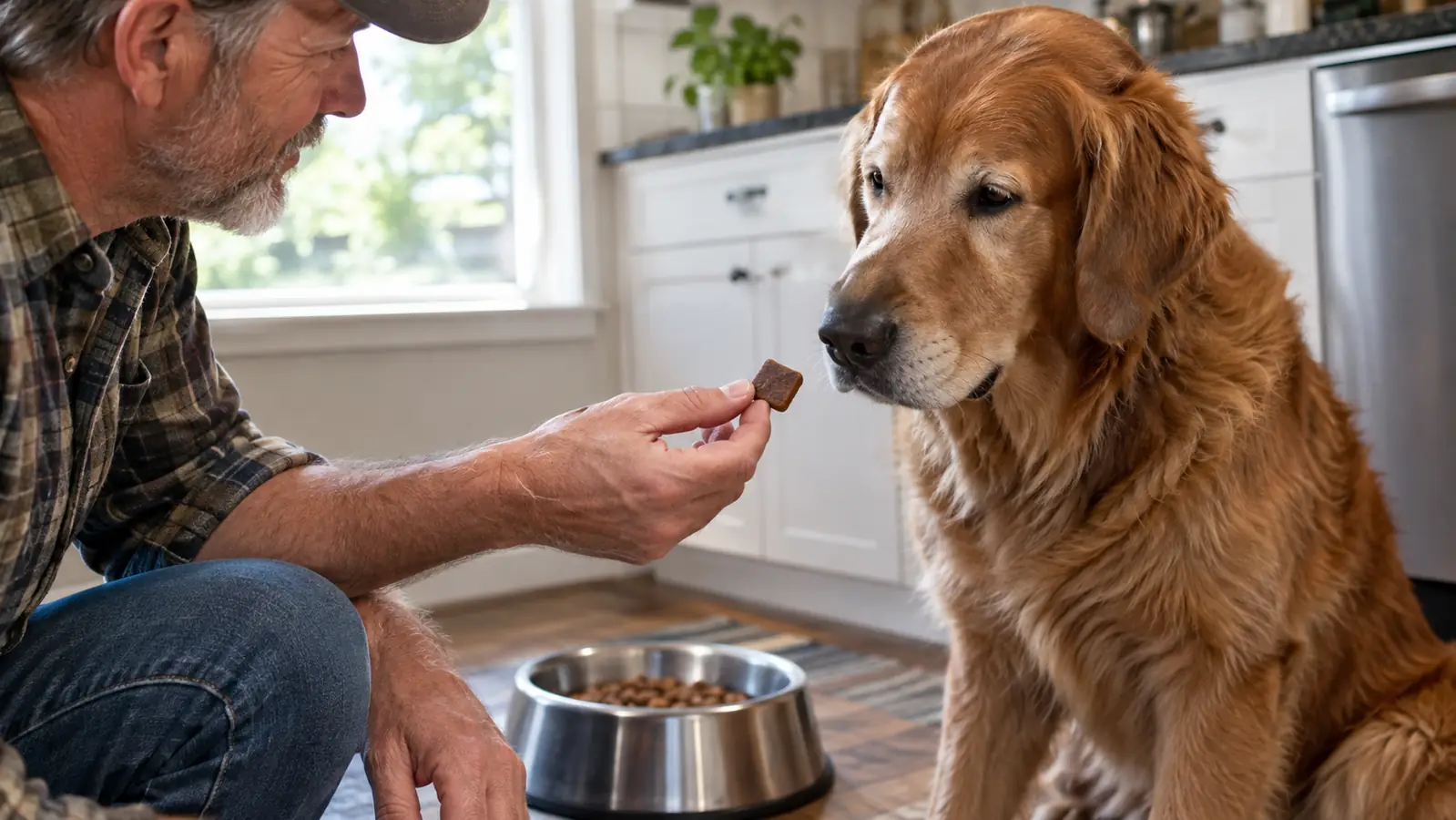 A hand offering a soft chew supplement to a large dog in a kitchen