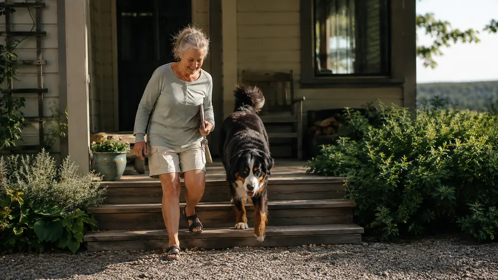 A person and a large dog coming down three porch steps together in the morning