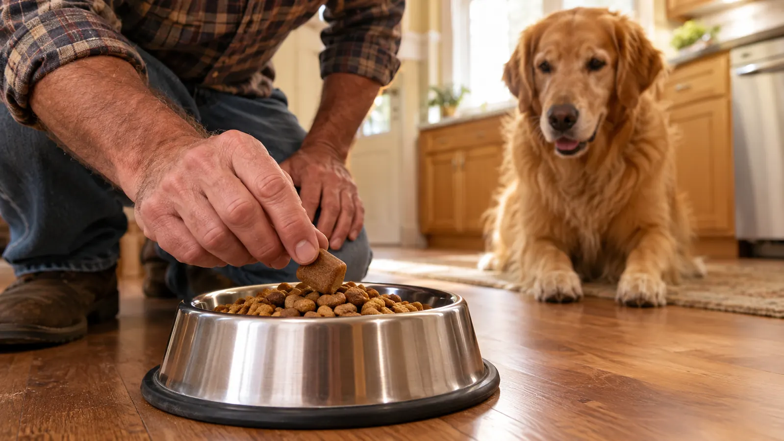 A hand placing a soft chew on top of kibble in a stainless steel bowl on a kitchen floor, the dog watching