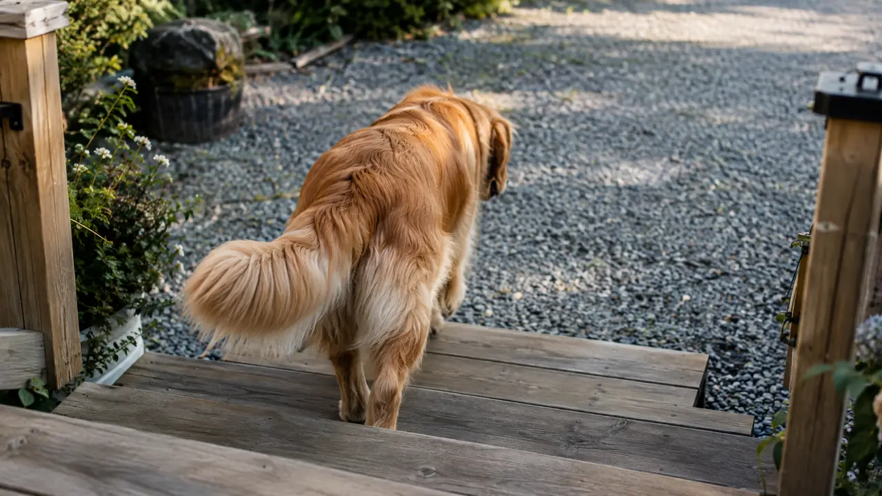 A large dog walking down three porch steps into a gravel yard, seen from behind in the morning