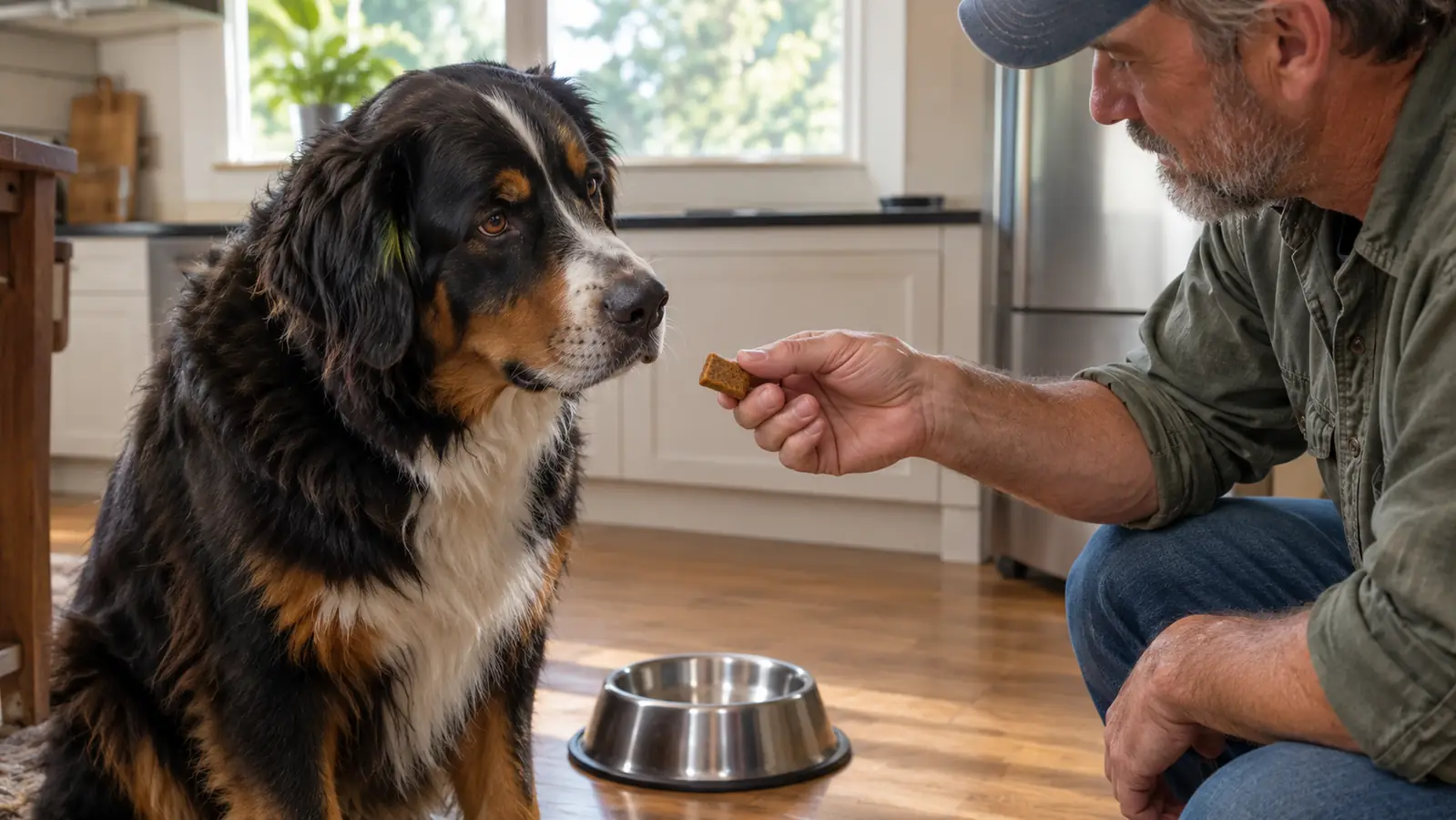 A hand holding out a soft chew to a large dog waiting beside a stainless steel food bowl