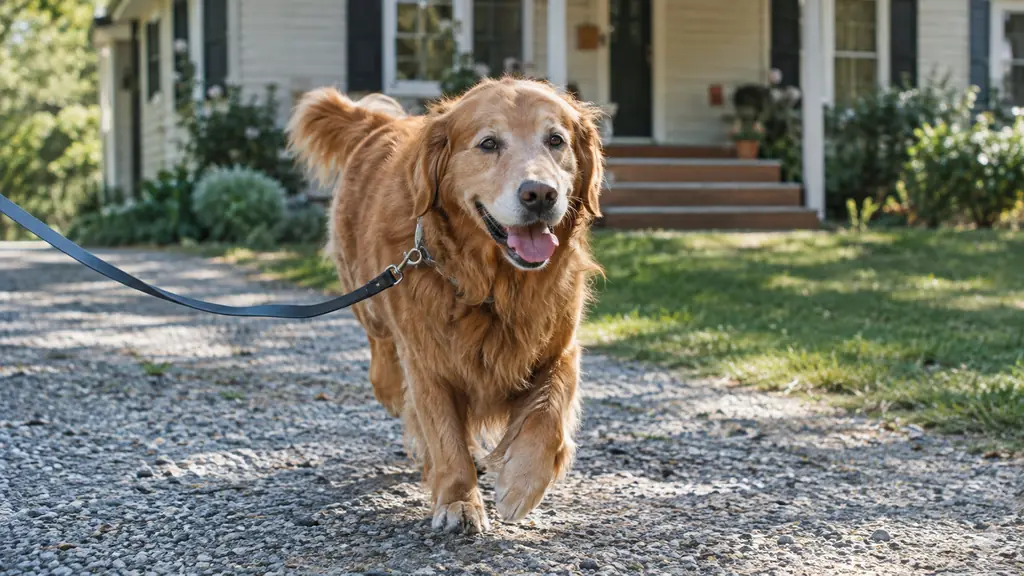 A large dog trotting down a gravel driveway with a leash attached, mid-stride