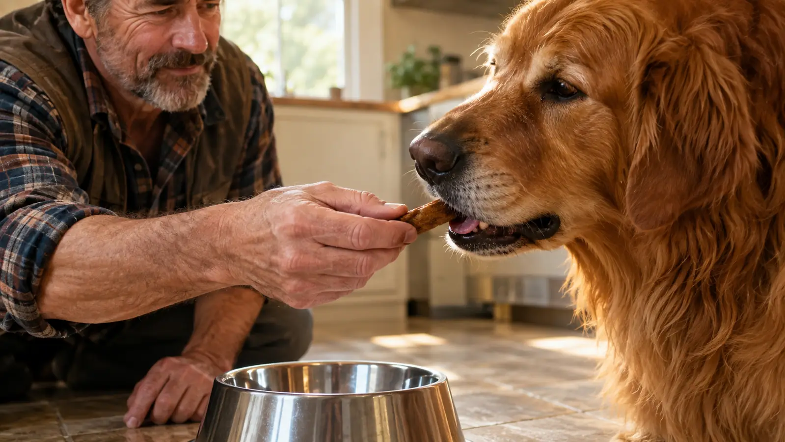 A hand offering a soft chew to a large dog beside a stainless steel bowl