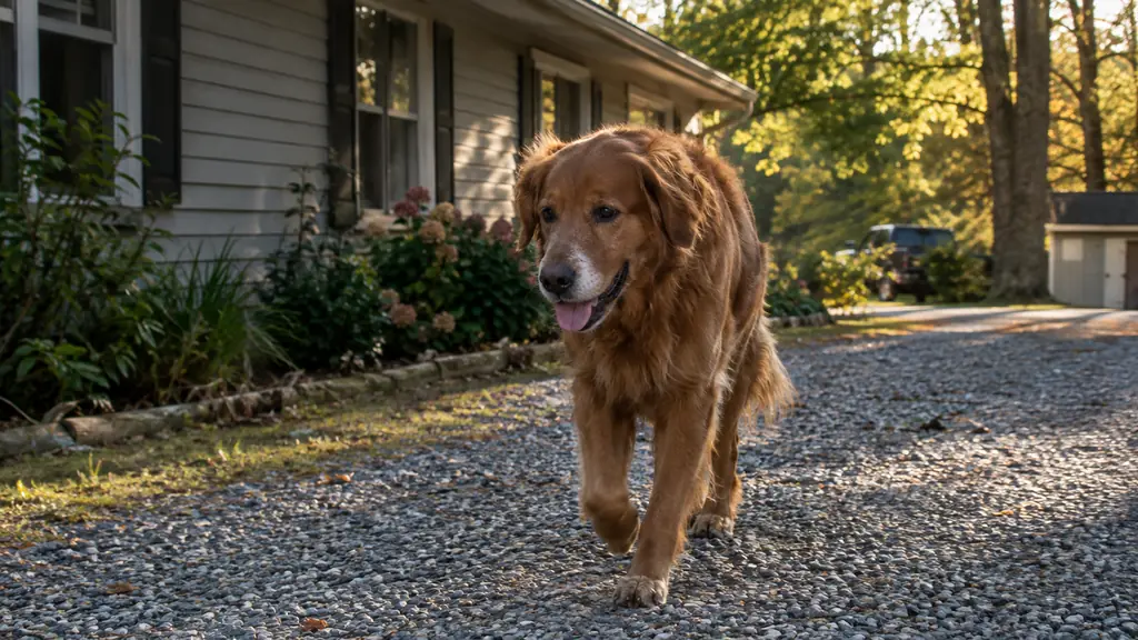A large dog walking down a gravel driveway beside a one-story house