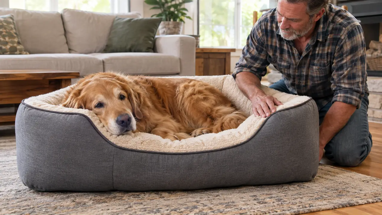 A person's hand patting the raised side of an orthopedic dog bed while a large dog rests inside it