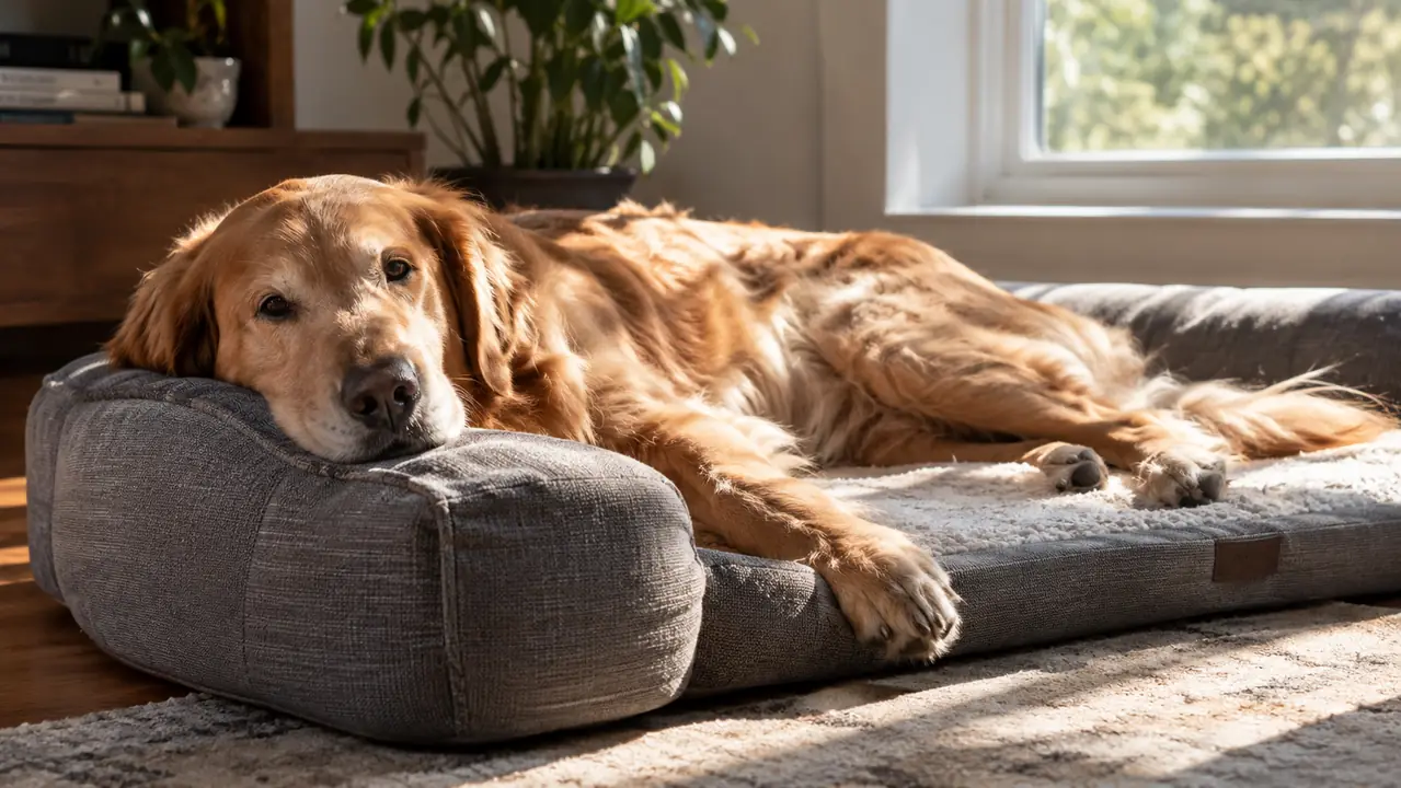 A large dog stretched out comfortably on an orthopedic dog bed in a sunlit room