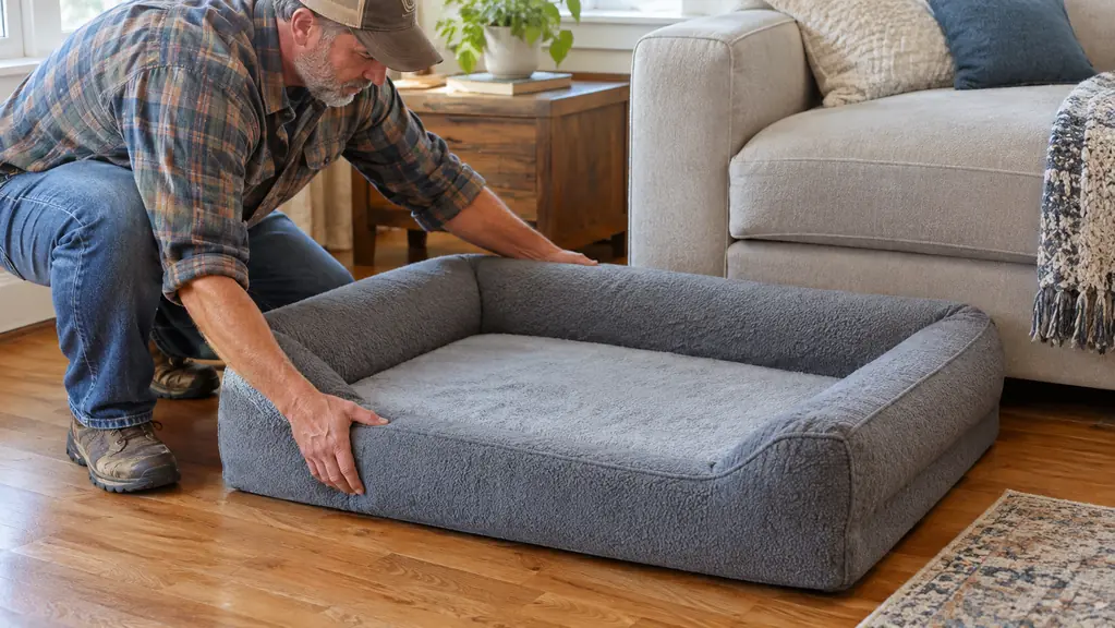 A hand placing an orthopedic dog bed on the floor next to a couch, showing the bed's raised sides and thick base