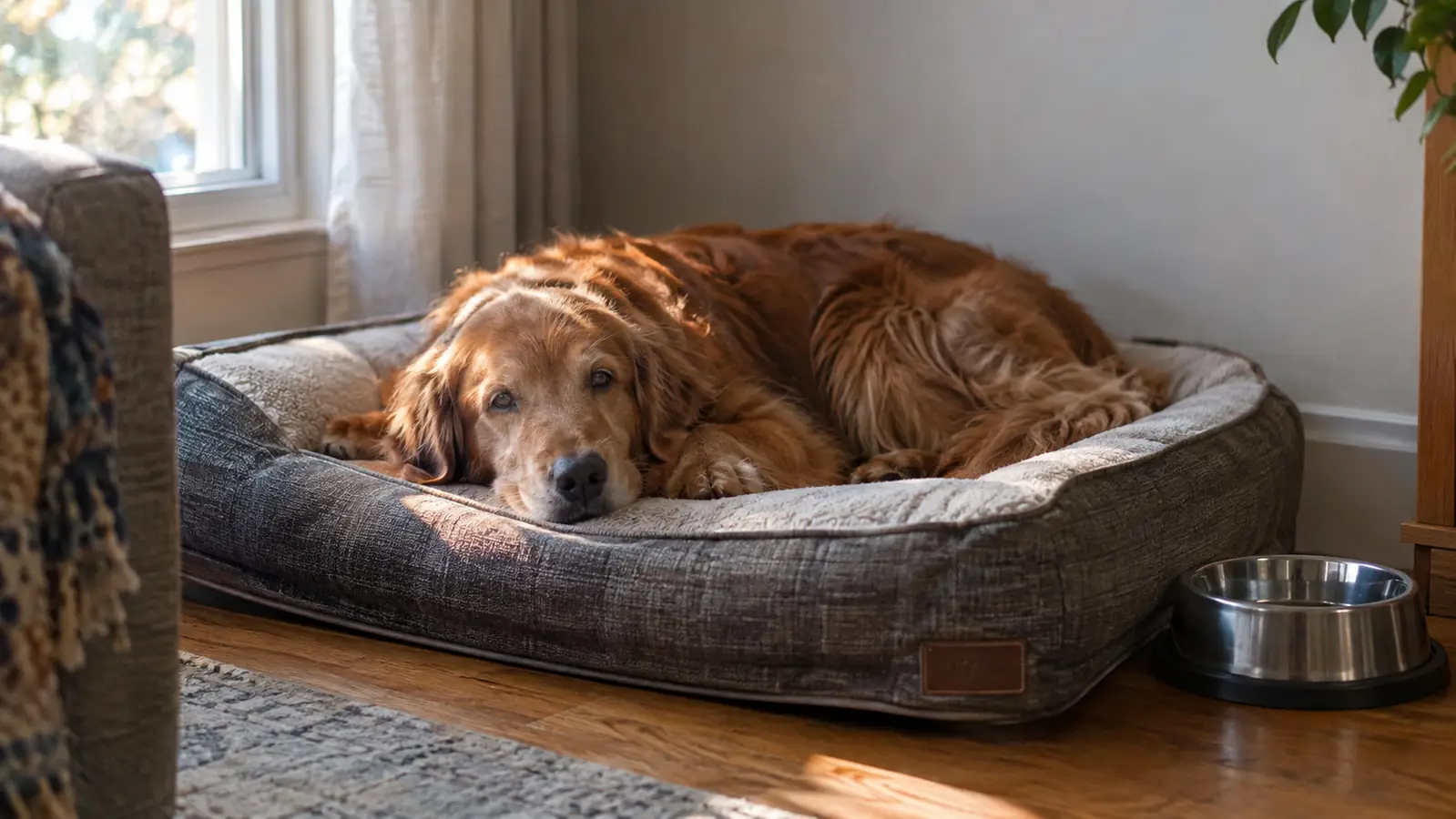 A dog lying on an orthopedic dog bed in a corner of a room, with a water bowl nearby