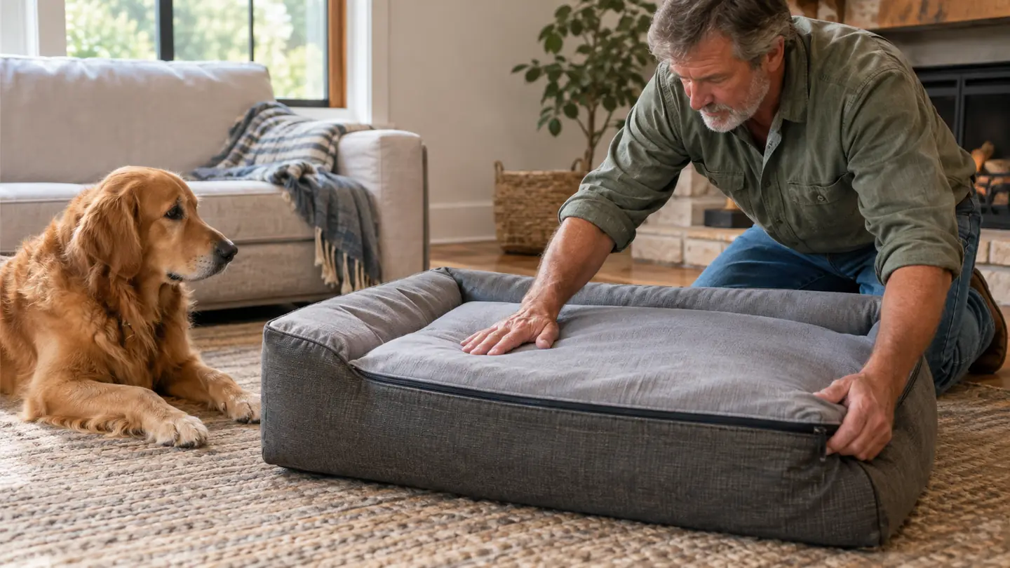A hand smoothing the removable cover of an orthopedic dog bed while the dog watches