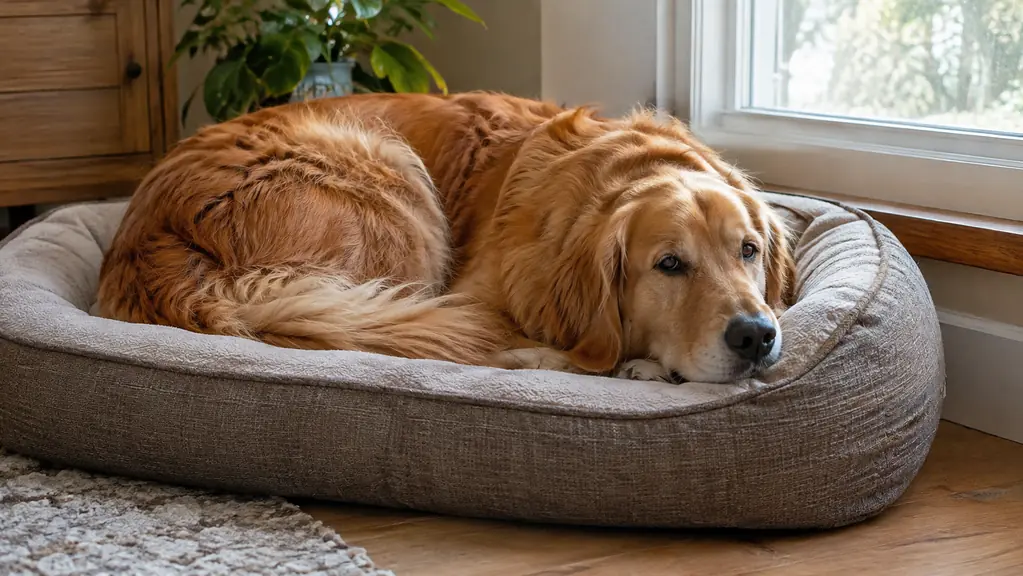 A large dog curled on an orthopedic dog bed in a cozy corner near a window