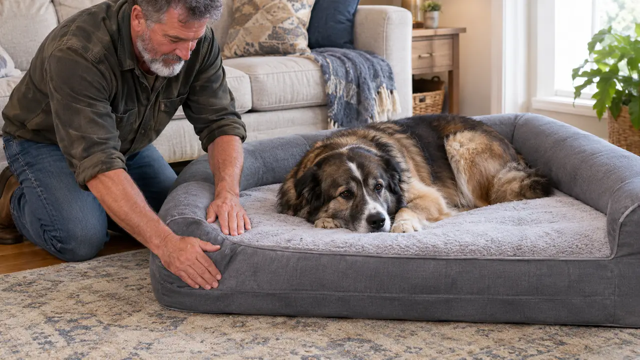A dog lying on a memory foam dog bed with raised sides while a person adjusts the cover