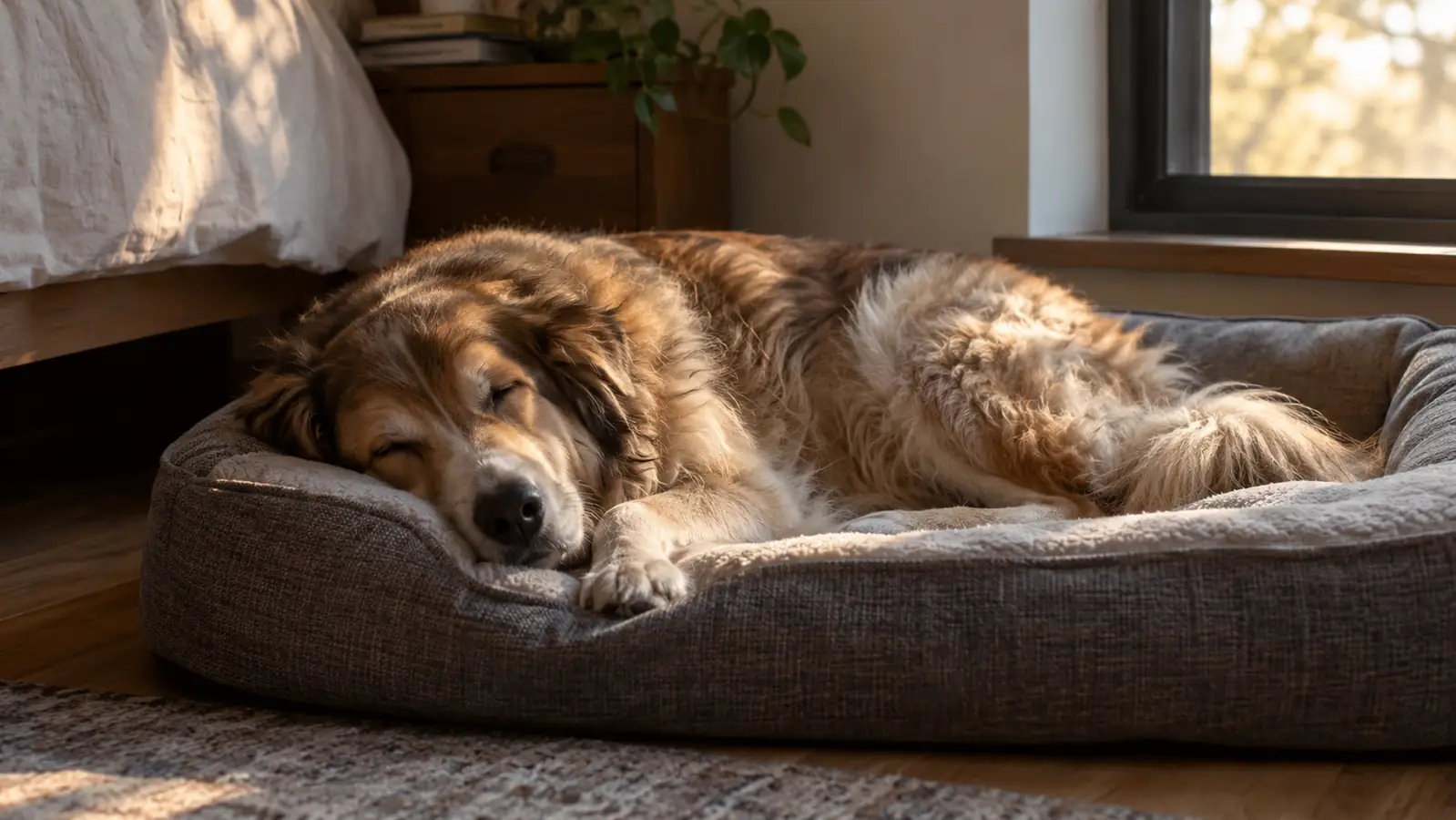 A dog sleeping deeply on an orthopedic dog bed in a quiet corner of a bedroom