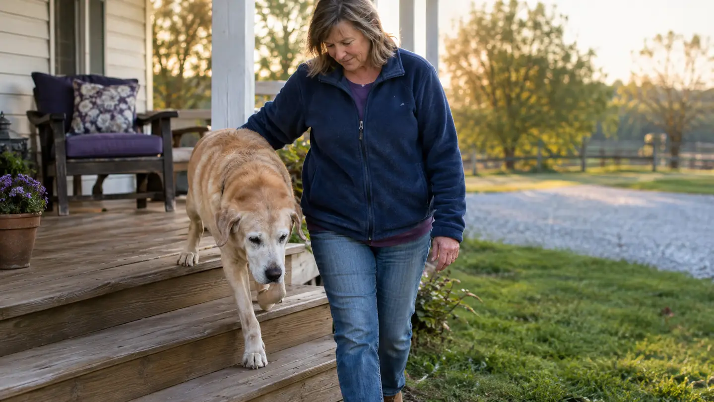 A senior yellow Labrador mix stepping carefully down wooden porch steps while a woman walks beside it