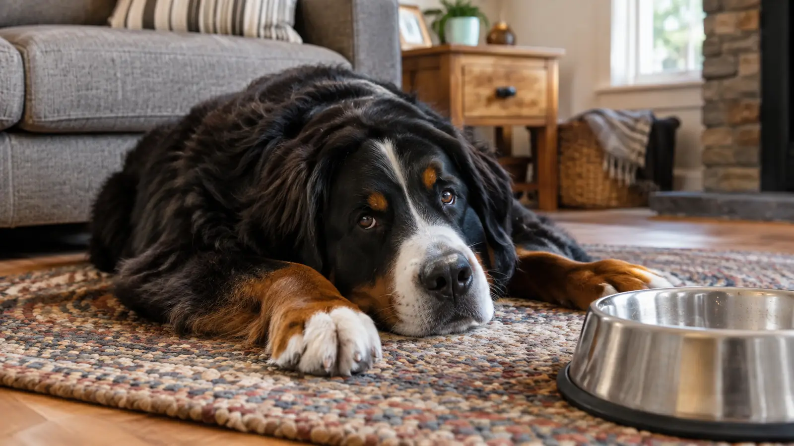 A dog lying on a rug with a food bowl nearby, resting after eating