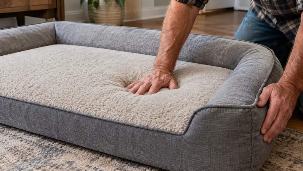 A person's hand pressing into the memory foam surface of a large orthopedic dog bed