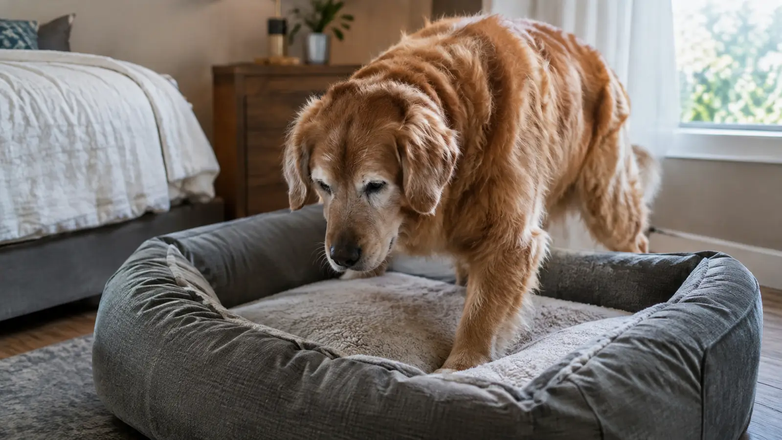 A large dog stepping onto an orthopedic bed with raised sides in a bedroom