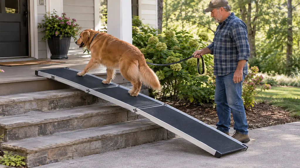 A dog walking up a folding ramp placed over porch steps