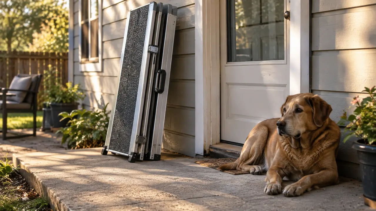 A folded ramp leaning against a house beside a back door