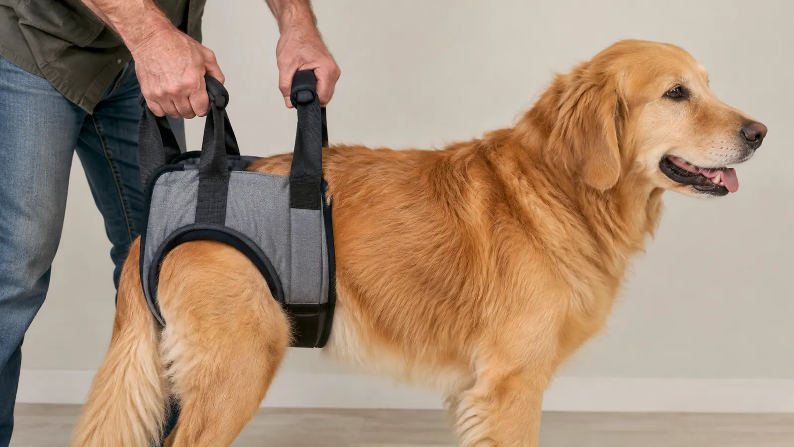 A person's hands holding the padded handles of a lift harness around a large dog's hindquarters