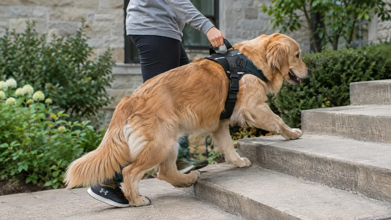 A large dog walking up a short flight of stairs while a person walks beside it holding the harness handles