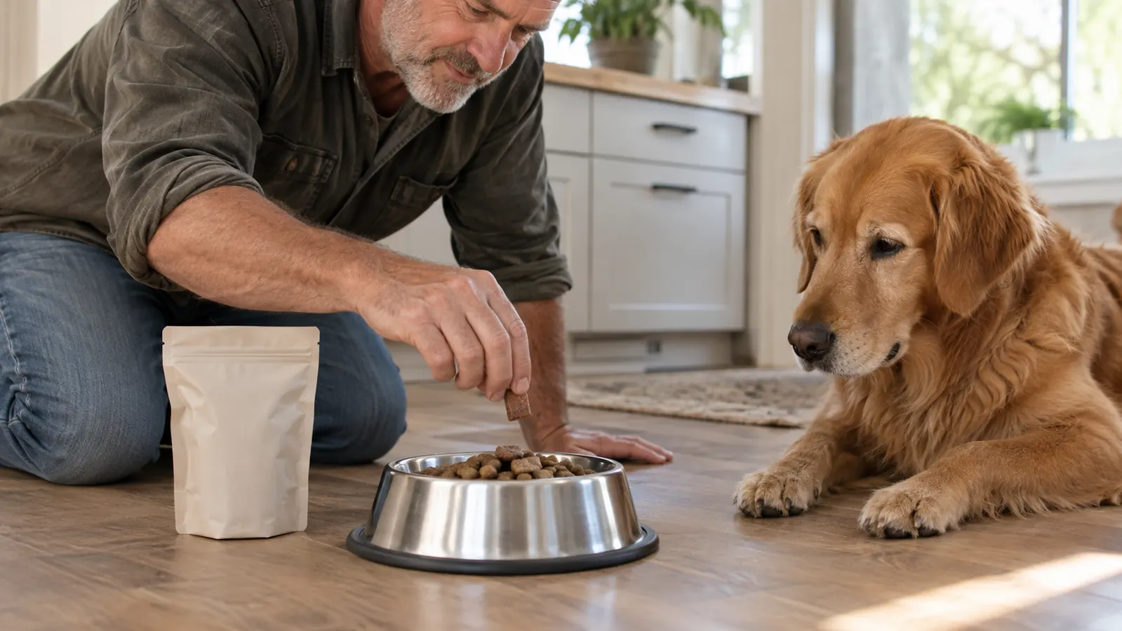 A hand placing a brown soft chew on top of kibble in a stainless steel bowl