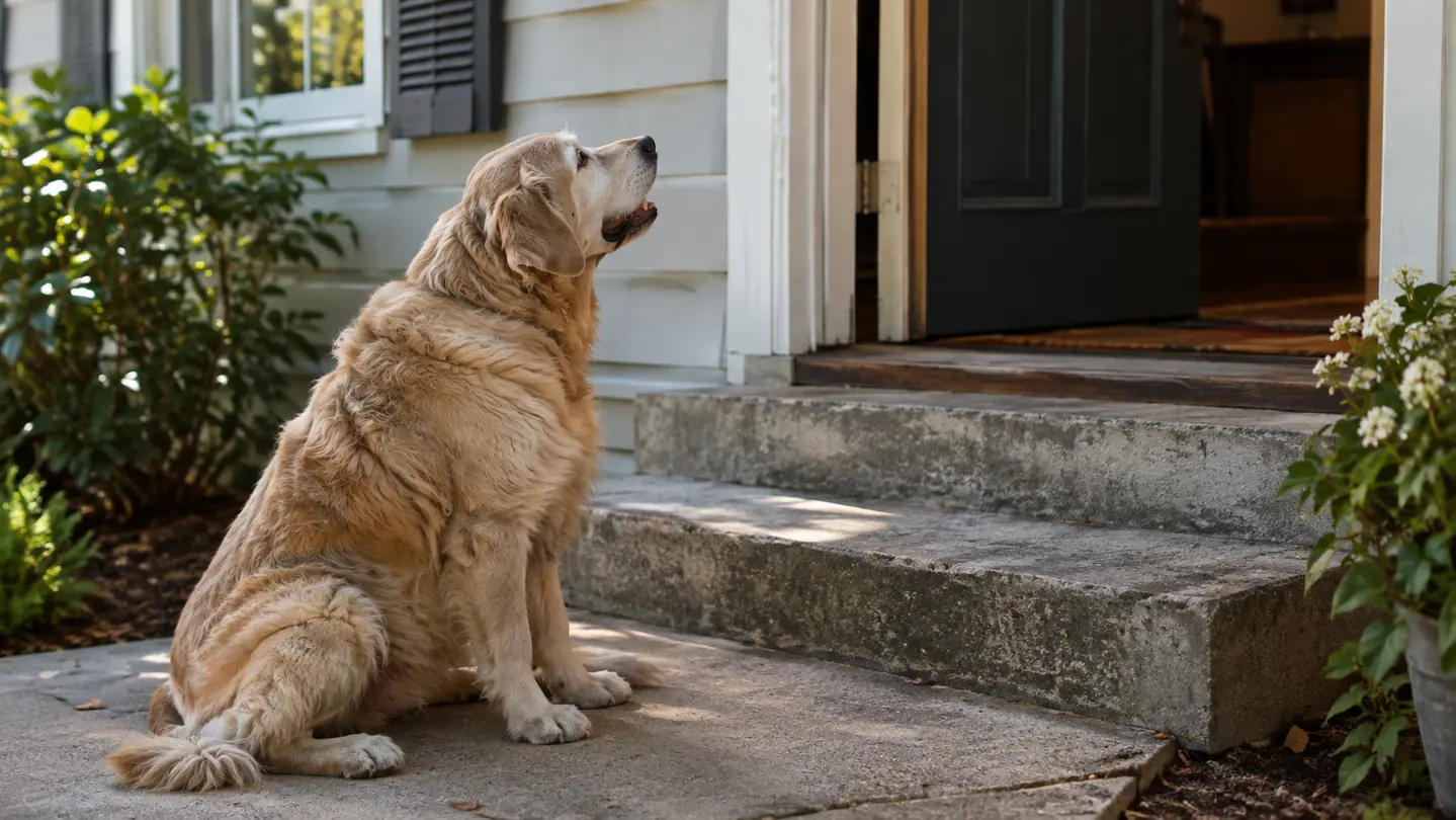 A dog waiting at the bottom of three low porch steps, looking up