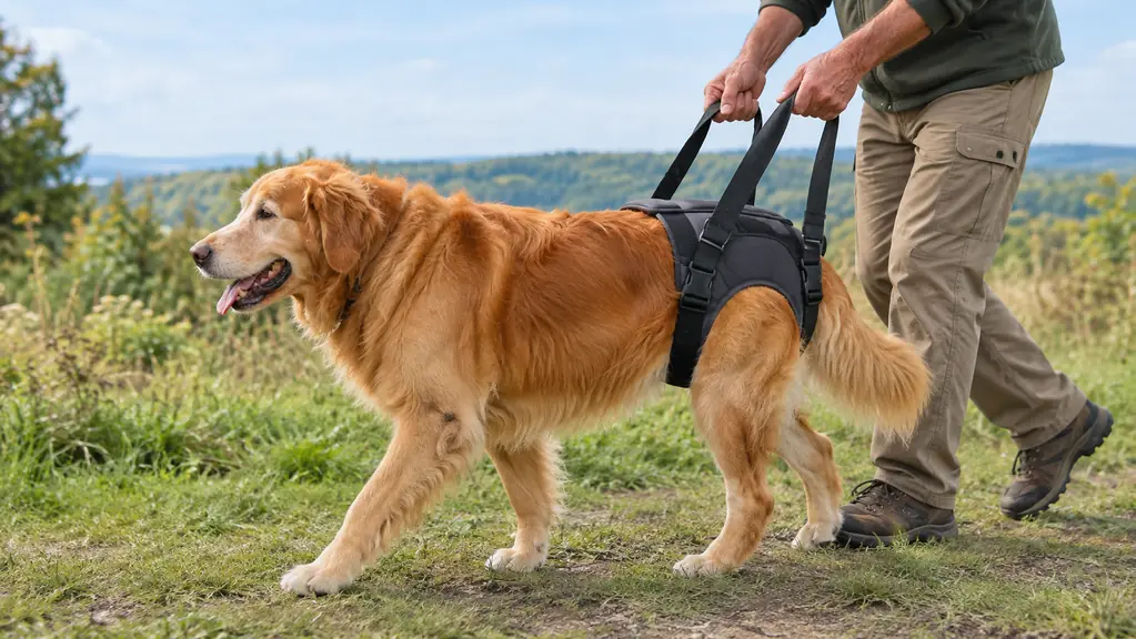 A large dog wearing a rear support harness while walking on a grassy path, a person holding the harness handles