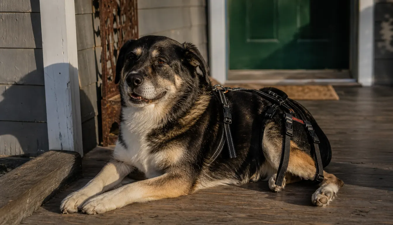 A large dog resting on a porch after a walk, wearing a rear support harness