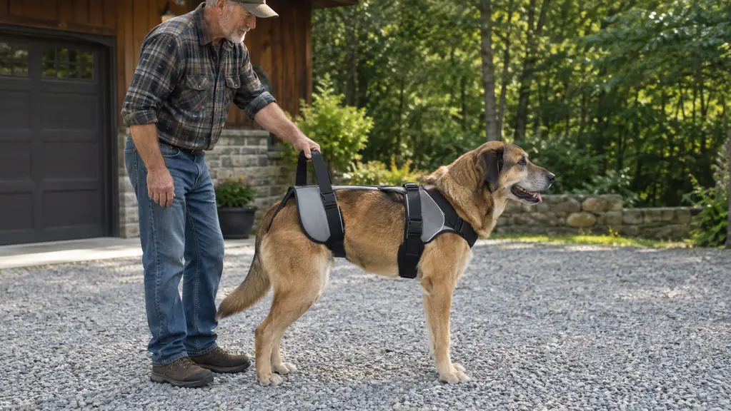 A person's hand lifting the rear handle of a dog lift harness while a large dog stands still on a gravel driveway
