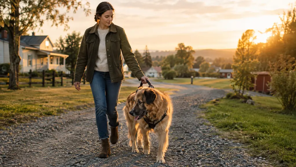 A person steadying a large dog with a harness handle on a gravel driveway in late afternoon light