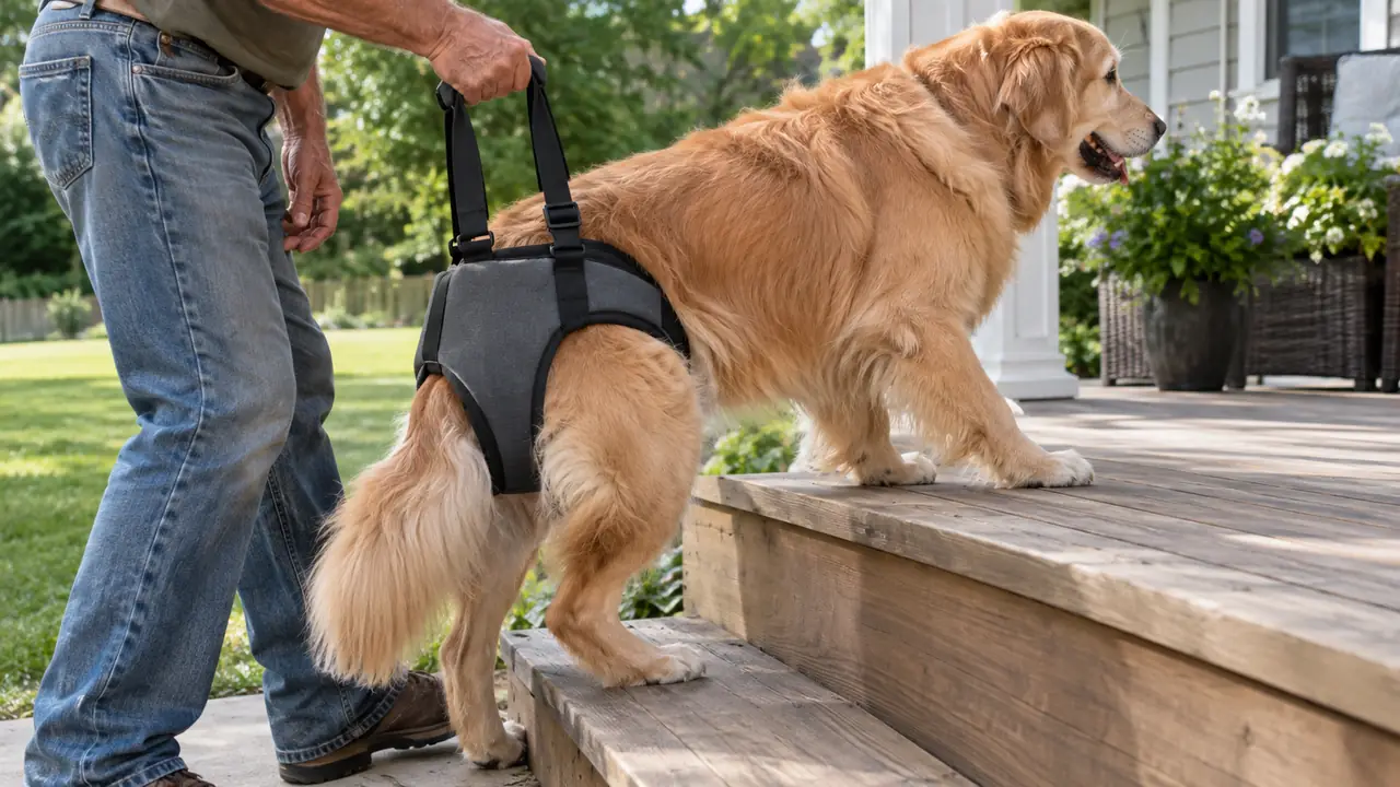 A hand on the rear handle of a dog lift harness helping a large dog up the porch steps