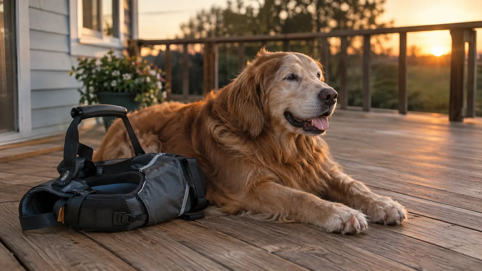 A large dog resting on a wooden porch after a walk, a dog lift harness lying on the porch boards beside it