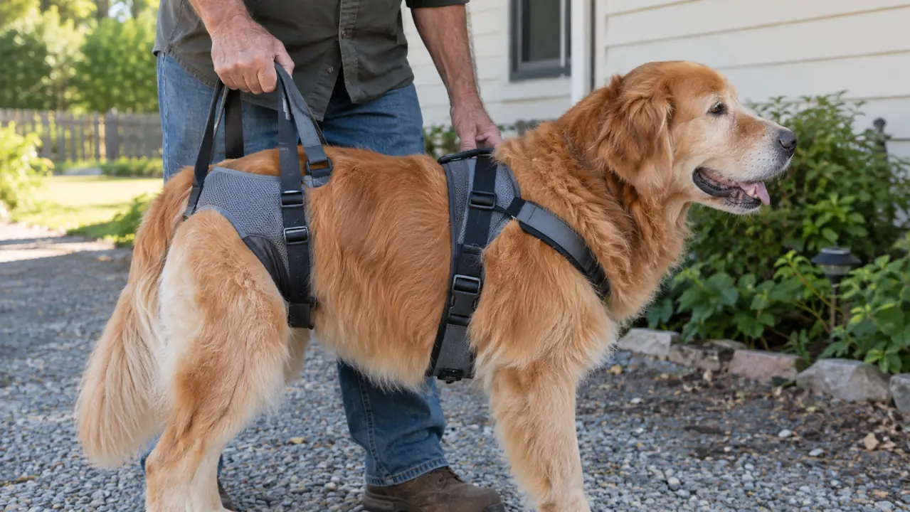 A hand gripping the padded handle of a rear support harness on a large dog standing on a gravel path