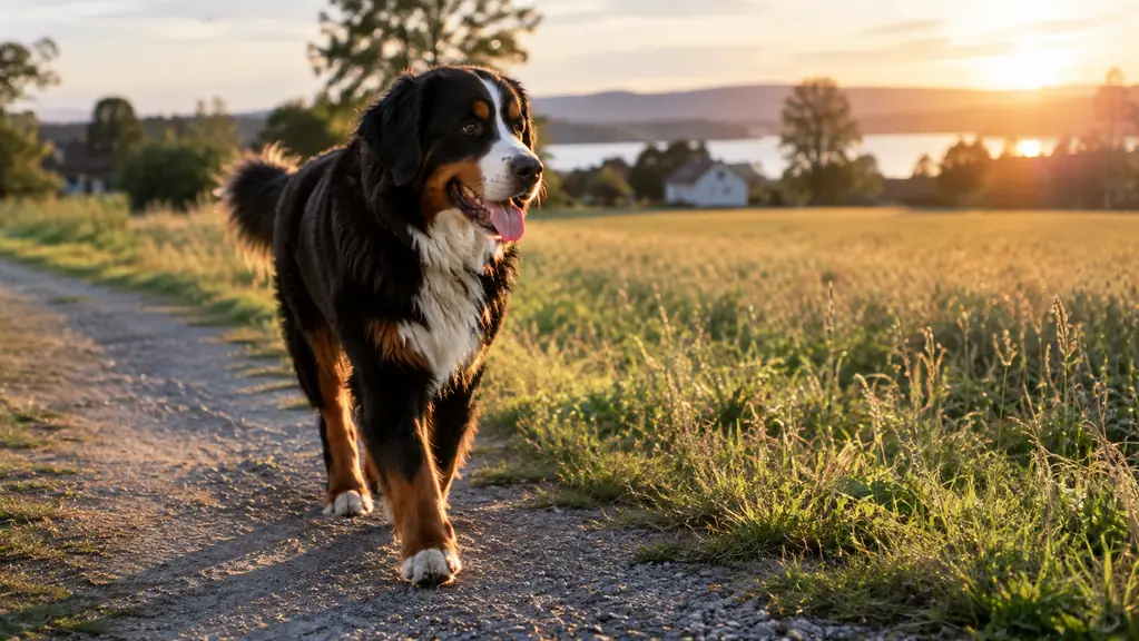 A large dog walking on a gravel path beside a field in late afternoon light