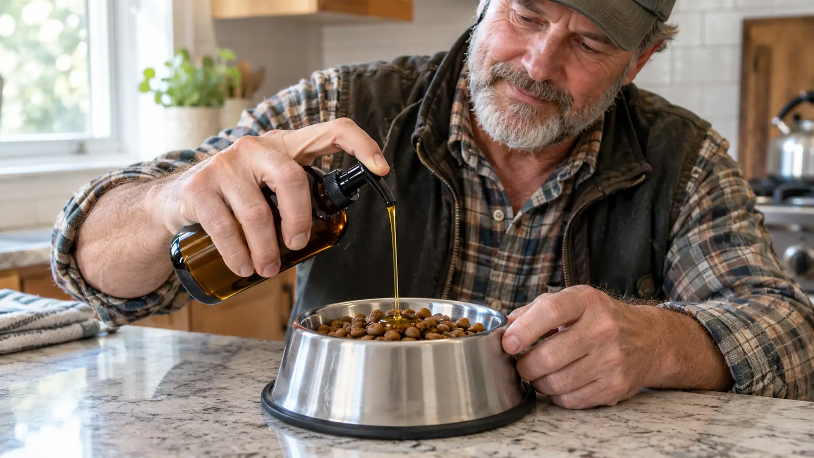 A hand pouring a pump of fish oil over kibble in a stainless bowl