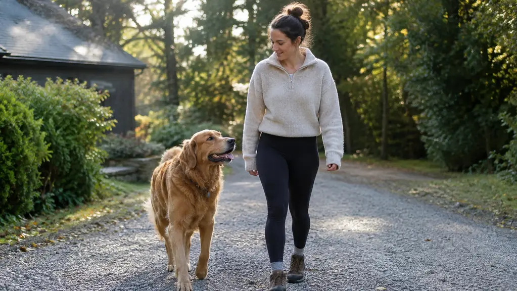 A dog and its owner walking slowly down a gravel driveway in the morning