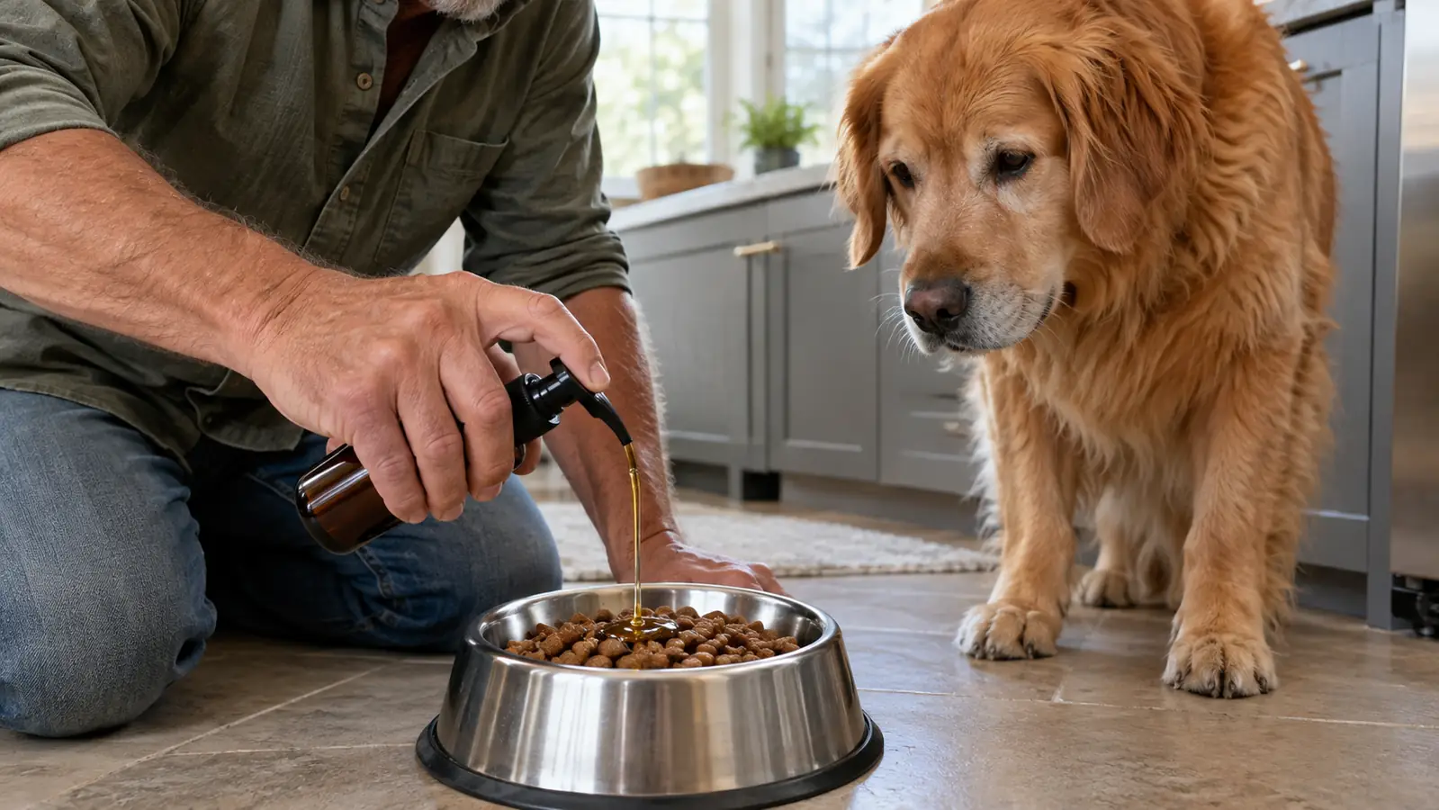 A person pouring a pump of liquid fish oil over kibble in a stainless steel bowl
