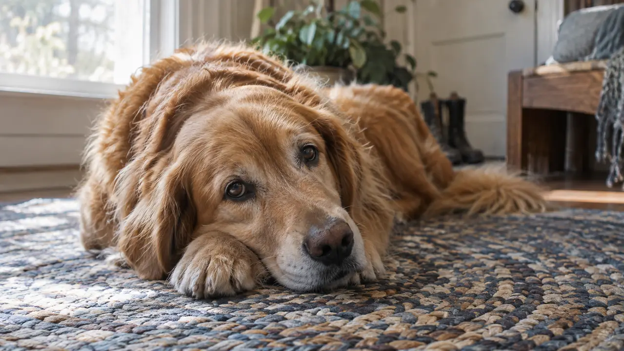 A large dog resting on a rug after a morning walk, head on paws