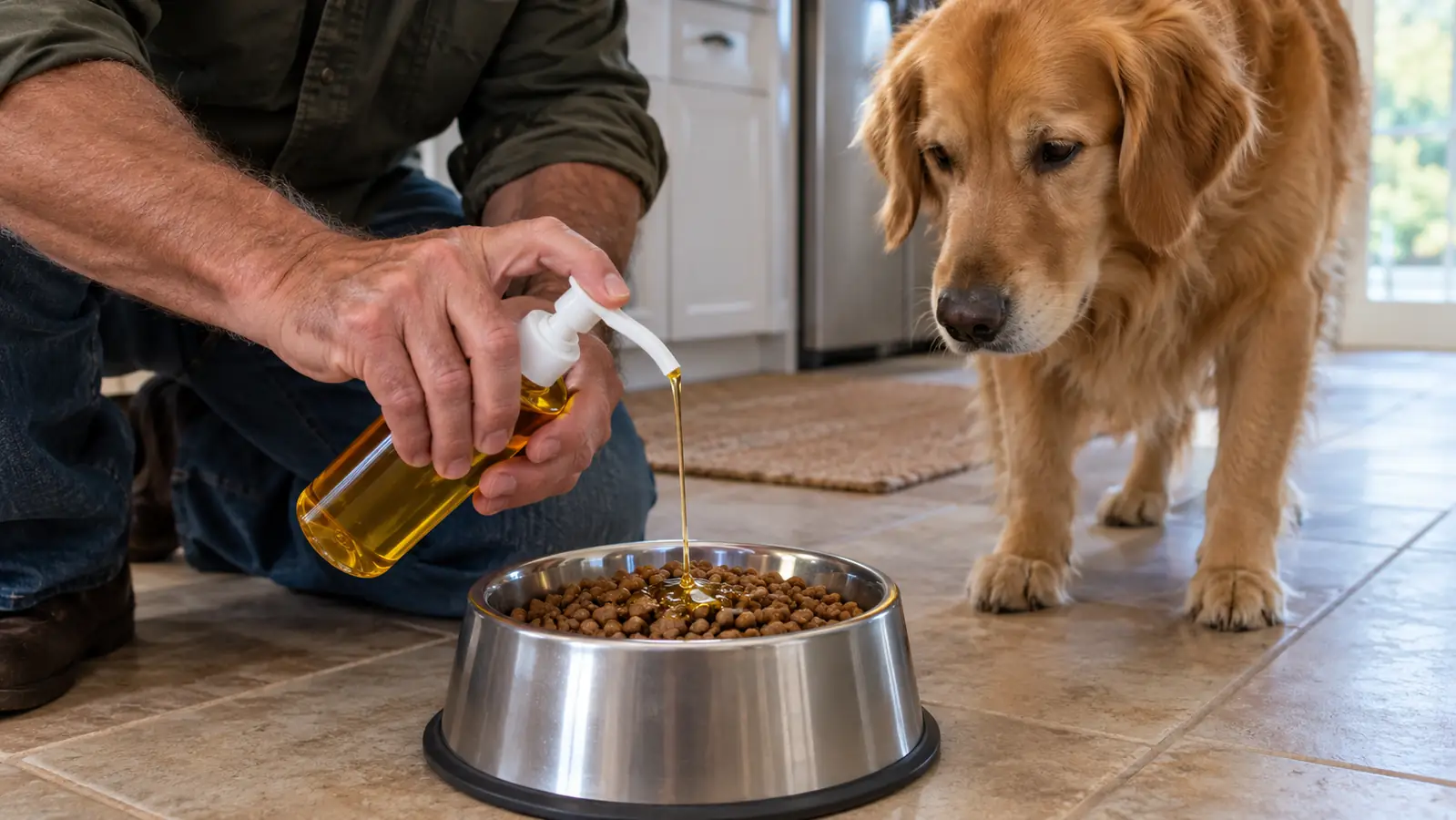 A hand pumping a serving of liquid fish oil over kibble in a stainless steel bowl