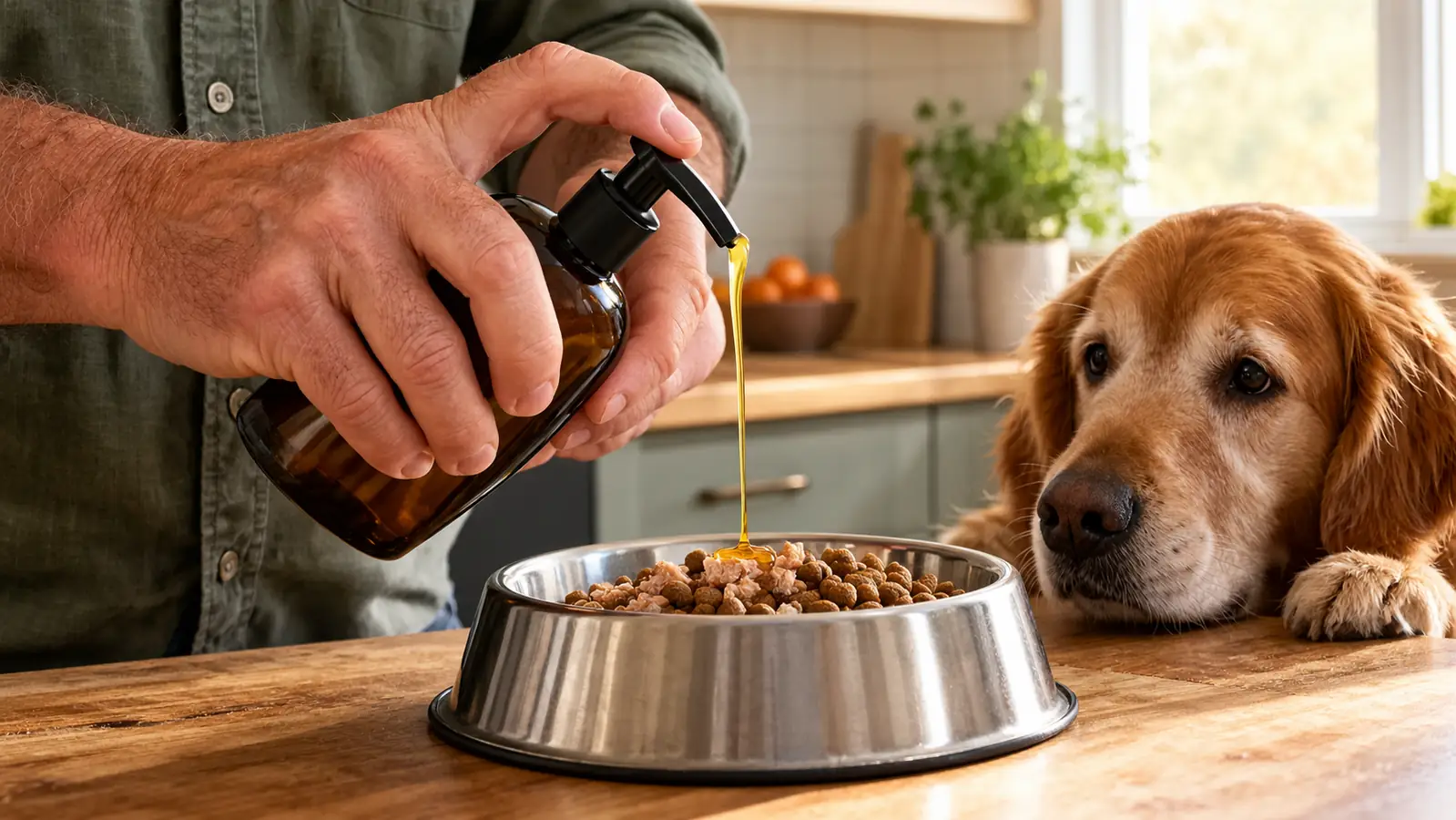 A person pouring a pump of fish oil over a dog's dinner in a stainless bowl