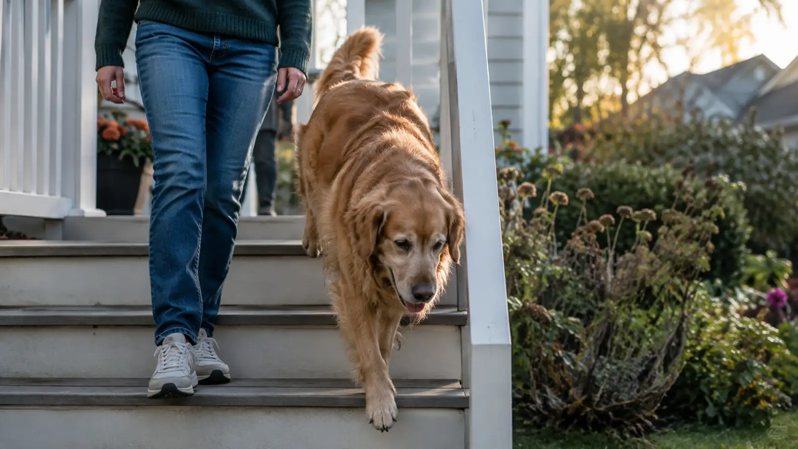 A large dog walking down three porch steps with a person nearby